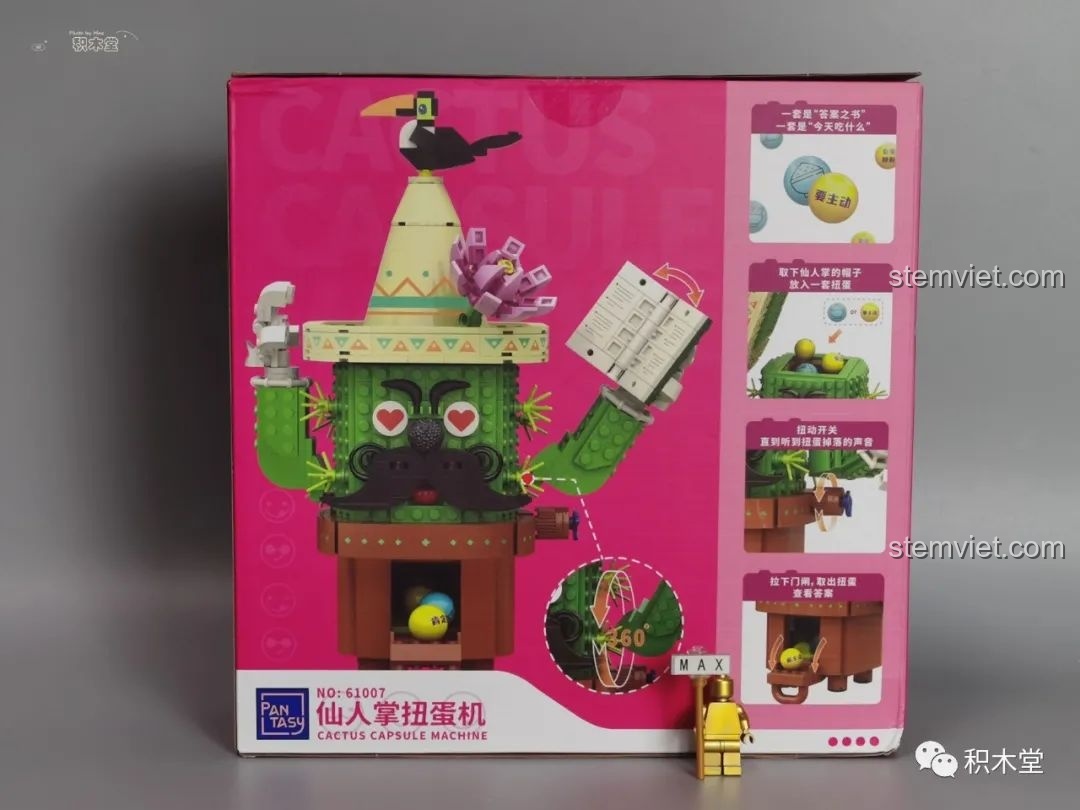 Mặt sau hộp mô tả các tính năng của bộ lắp ghép Máy vặn trứng xương rồng cho bé 6+, bao gồm cơ chế vặn trứng.