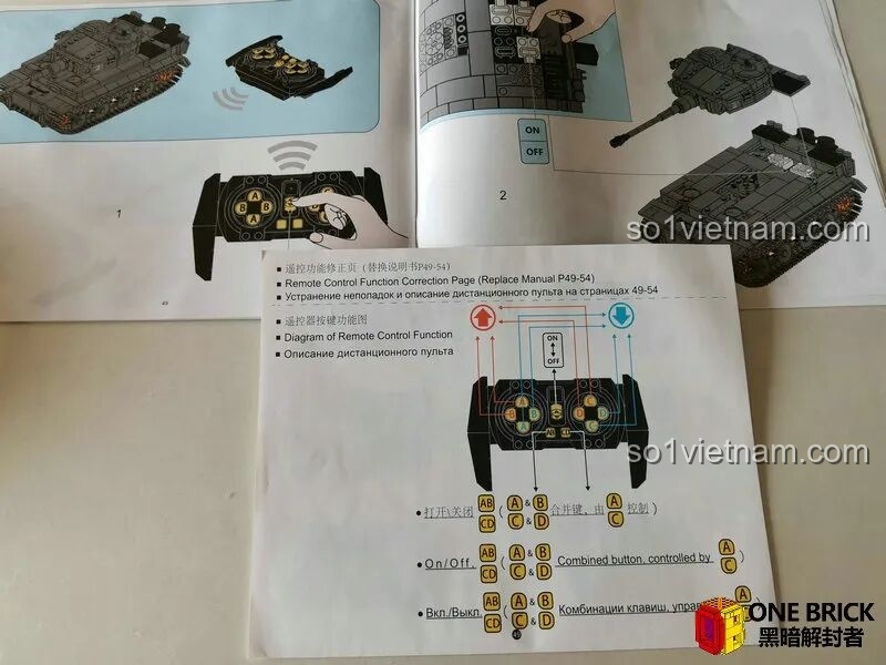 Tờ hướng dẫn bổ sung cho bộ điều khiển từ xa của Sluban M38B0851, giải thích rõ ràng hơn về các chức năng nút bấm.