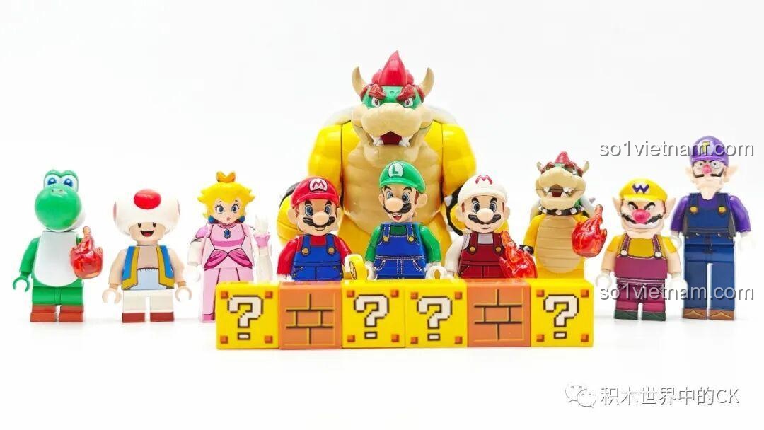Hình ảnh toàn bộ 10 nhân vật trong bộ sưu tập minifigure Super Mario WM 6103, một set đồ chơi tuyệt vời cho bé 6+.