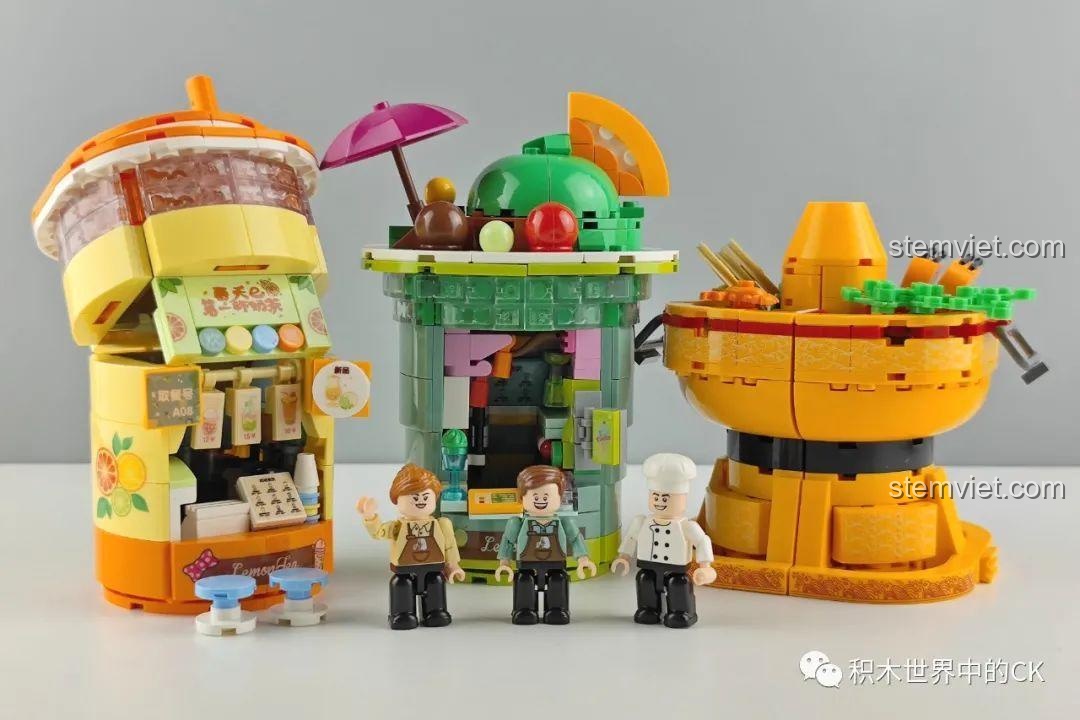 Toàn bộ bộ sưu tập Phố Ẩm Thực Zhe Gao gồm Cửa hàng Trà Sữa, Matcha, Nồi Lẩu và các minifigure.