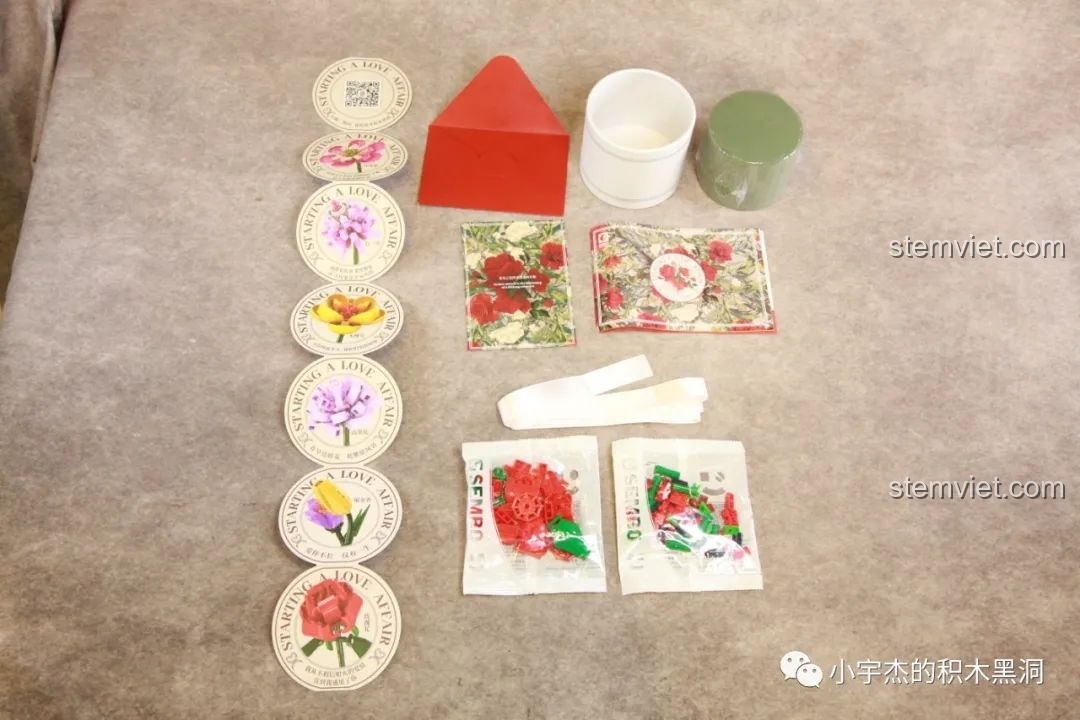 Toàn bộ chi tiết và phụ kiện của bộ đồ chơi Bó hoa hồng lắp ráp 601268, sẵn sàng cho một buổi lắp ráp sáng tạo.