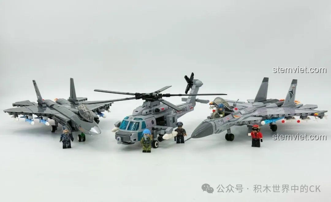 Toàn bộ 3 mô hình máy bay và 6 minifigures của bộ SEMBO 202257 Mô hình không quân hải Trung Quốc.