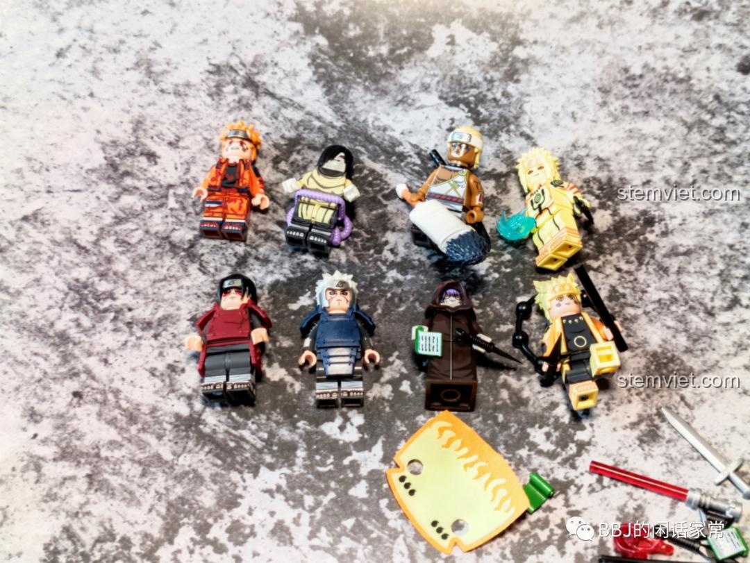 Tổng quan bộ 8 Minifigure Nhân Vật Naruto WM6108 và các phụ kiện đi kèm như kiếm, giáp, hiệu ứng.