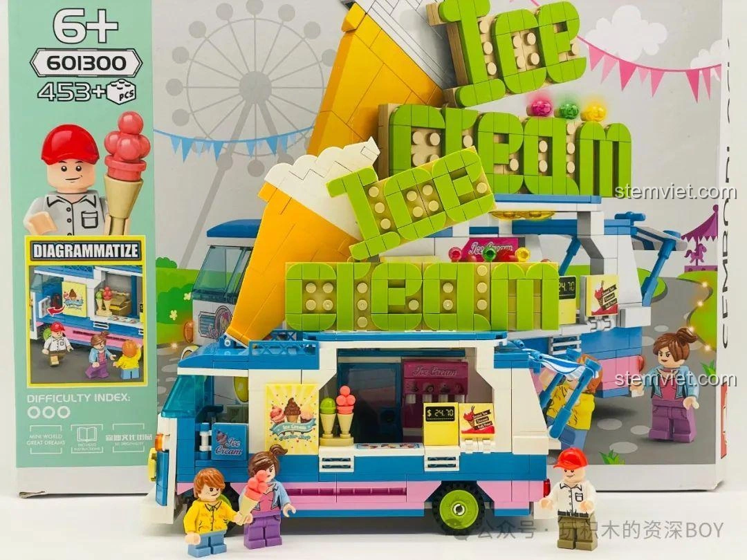 Tổng quan mô hình xe kem SEMBO 601300 và các nhân vật minifigures đặt trên hộp sản phẩm, tạo cái nhìn tổng thể.