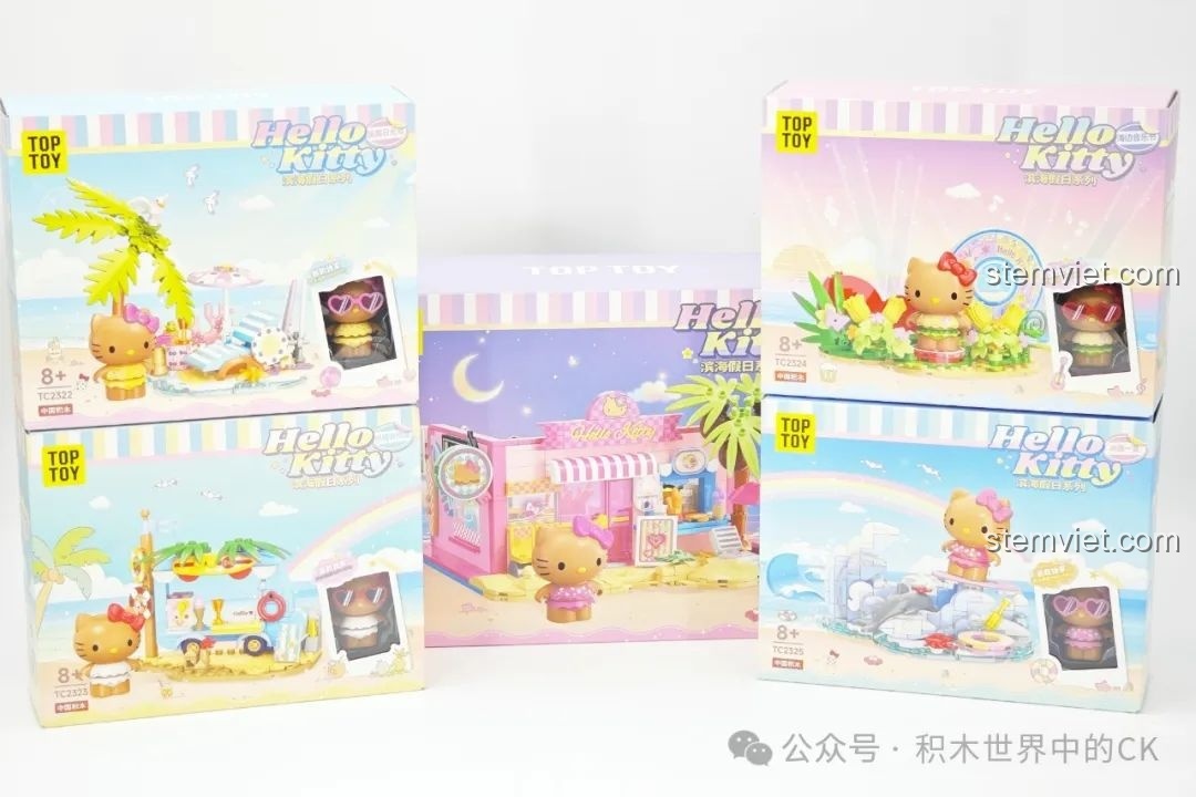 Tổng quan 5 hộp sản phẩm trong bộ sưu tập đồ chơi lắp ráp TOP TOY Hello Kitty Bãi Biển, bao gồm Nhà hàng Hamburger.