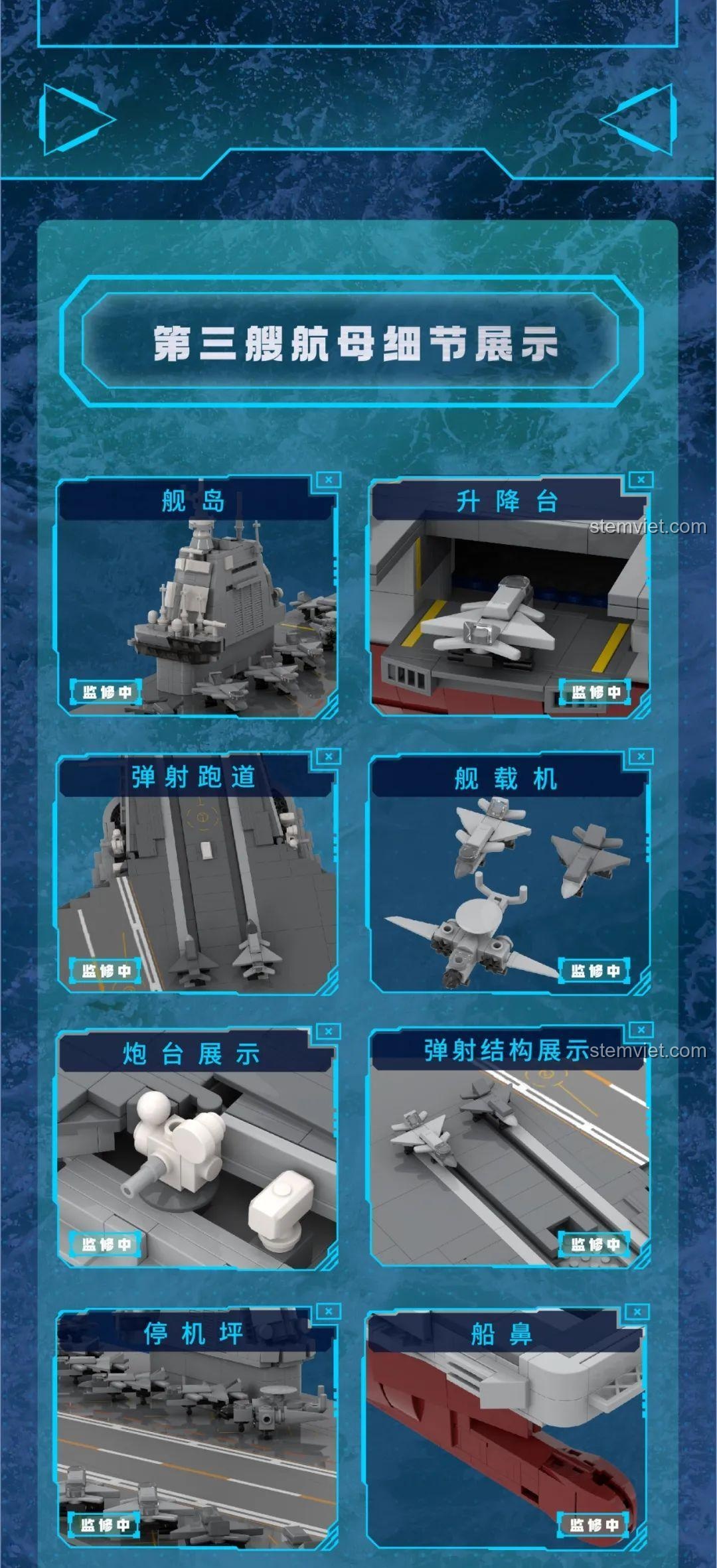 Chi tiết mô hình tàu sân bay Phúc Kiến TOP TOY TC1201, thể hiện đảo tàu, thang nâng, đường băng phóng, máy bay trên tàu, pháo đài, cấu trúc phóng, sân đỗ và mũi tàu.