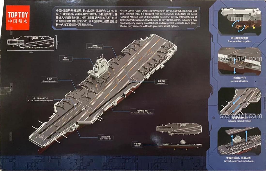 Mô tả tính năng của mô hình tàu sân bay Phúc Kiến TOP TOY TC1201, bao gồm thang nâng và đường băng phóng máy bay, đồ chơi xây dựng chi tiết.