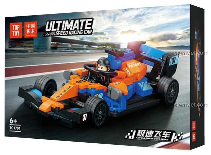 Mô hình đồ chơi lắp ráp xe đua Công thức 1 TOP TOY TC1701 màu cam xanh, thiết kế chi tiết cho bé trai 6 tuổi.