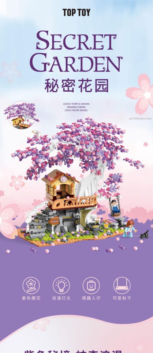 Mô hình lắp ráp TOP TOY TC2009 Khu Vườn Bí Mật với cây hoa anh đào tím lãng mạn, có đèn LED, xích đu di chuyển, phù hợp bé gái 6 tuổi.
