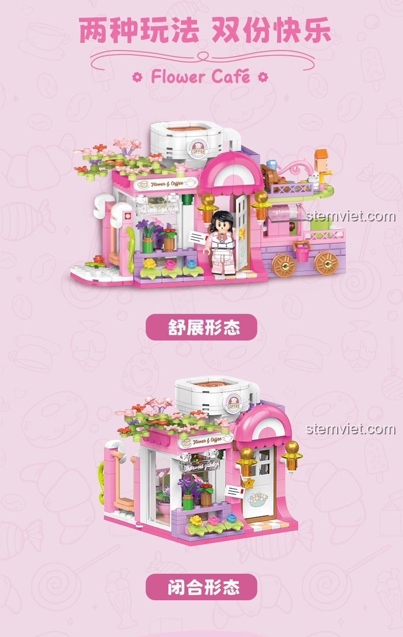 Các chi tiết nổi bật của đồ chơi xếp hình Quán cà phê màu hồng TC2010: biển hiệu, hoa, minifigure và nội thất.