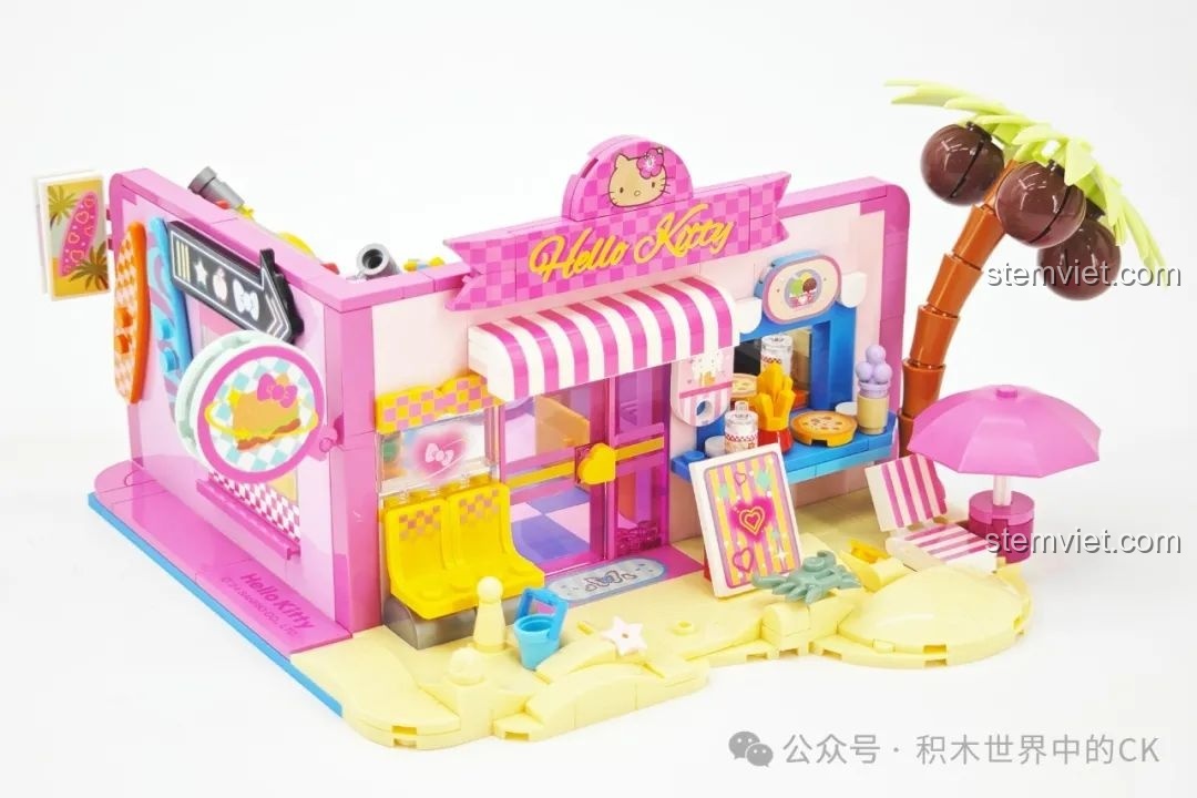 Mô hình hoàn chỉnh của bộ lắp ráp TOP TOY TC2032 Nhà hàng Hamburger Hello Kitty Bãi Biển, góc nhìn tổng thể.
