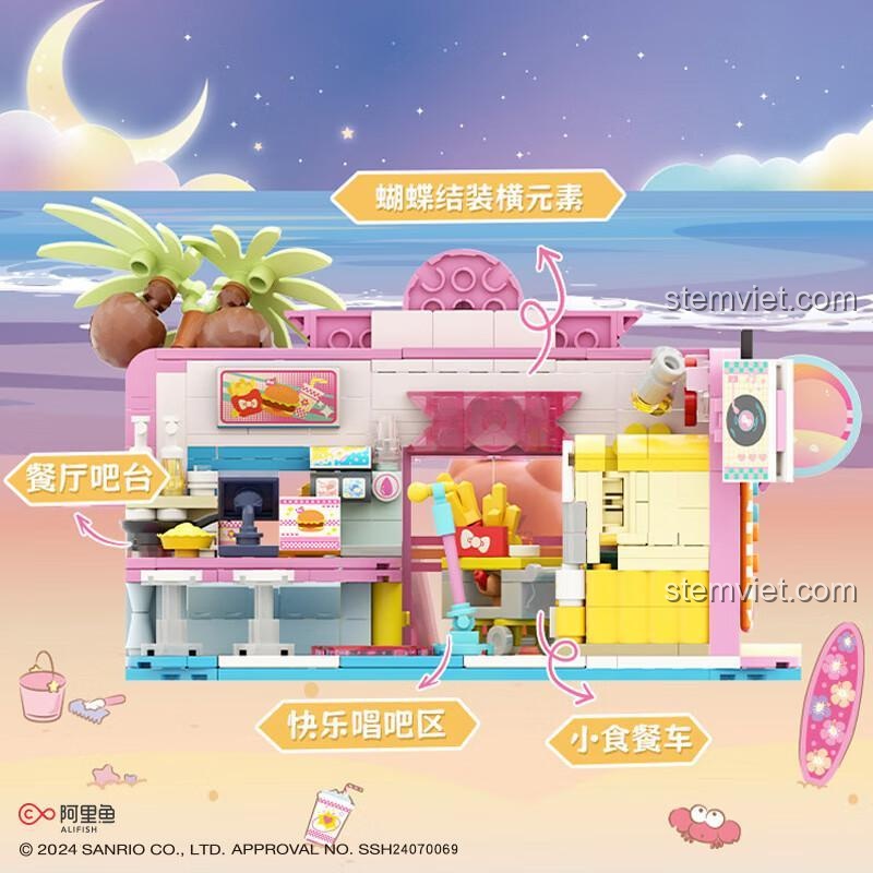 Quán ăn nhanh Hello Kitty 2032 Nhà hàng Hamburger Hello Kitty Bãi Biển hộp sản phẩm với các nhãn dán mô tả tính năng
