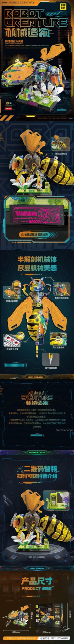 Thông số chi tiết mô hình Ong bắp cày Cyberpunk TOP TOY TC2103, đồ chơi lắp ráp côn trùng cơ khí với 800 mảnh ghép, thể hiện kích thước và tính năng.