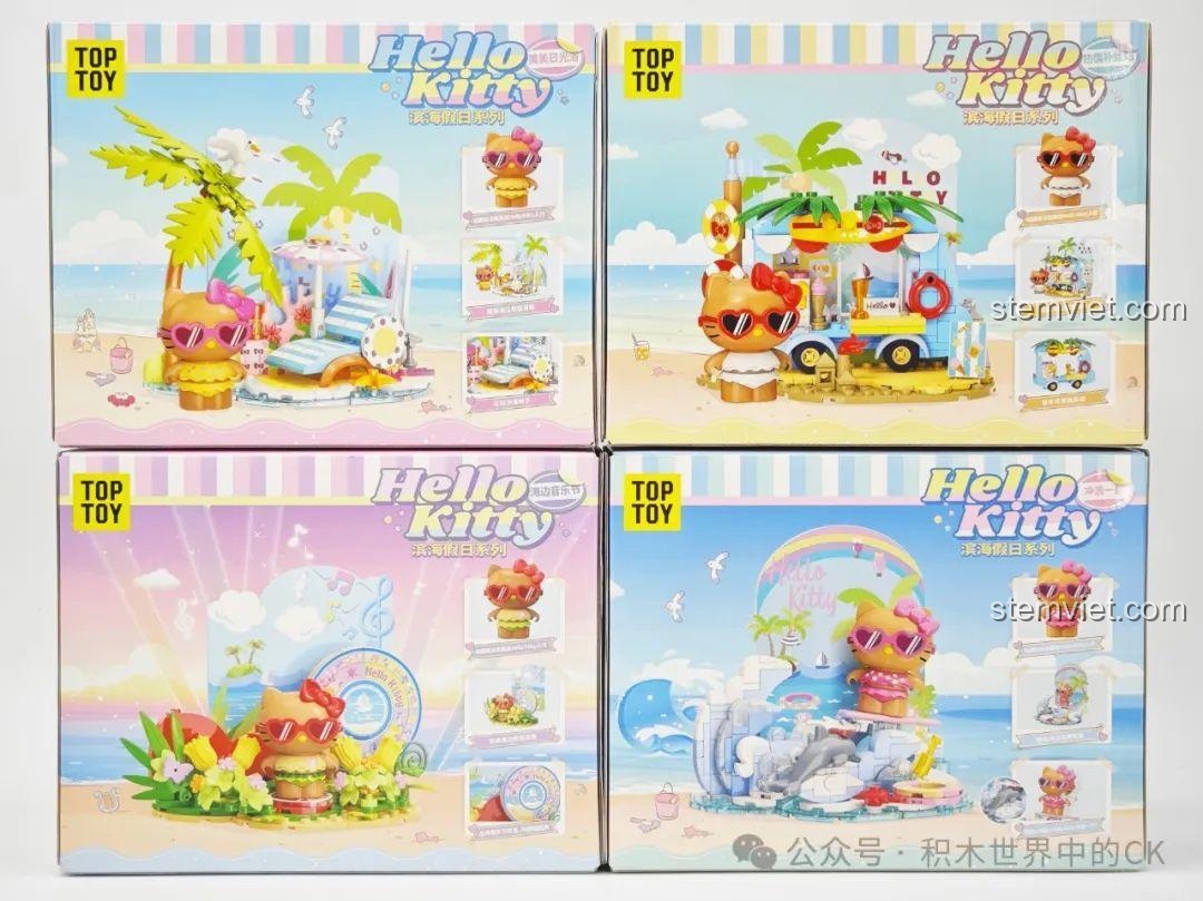 Các hộp sản phẩm Hello Kitty Kỳ Nghỉ Bãi Biển TC2322, TC2323, TC2324, TC2325 xếp cạnh nhau.