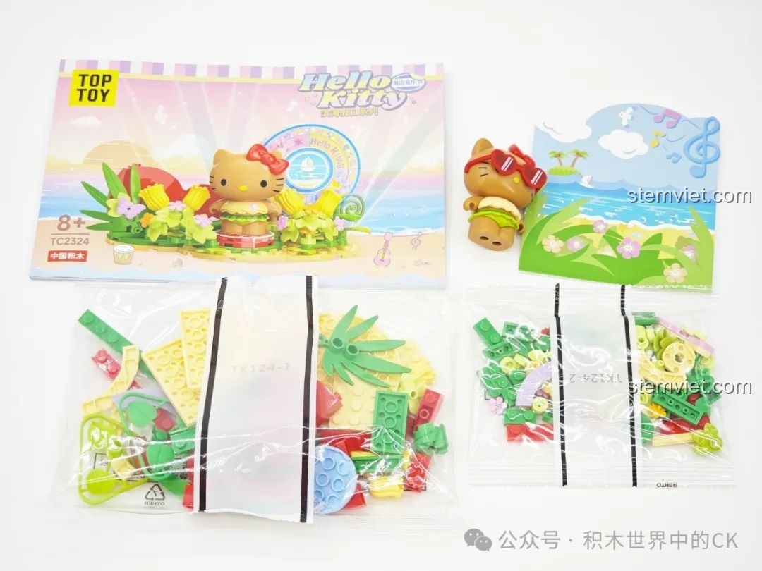 Nội dung bên trong hộp bộ lắp ráp TOP TOY TC2324 Lễ Hội Âm Nhạc Bãi Biển, bao gồm sách hướng dẫn và mảnh ghép.