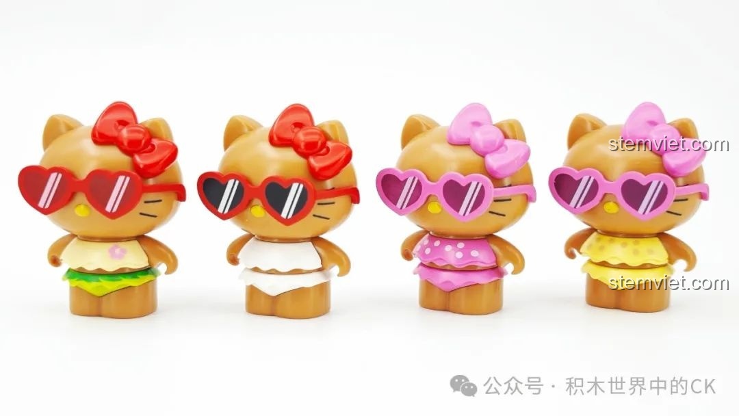 Hello Kitty phiên bản da nâu đang lướt sóng trên lưng cá heo trong bộ lắp ráp TOP TOY TC2325 Lướt Sóng Mùa Hè.