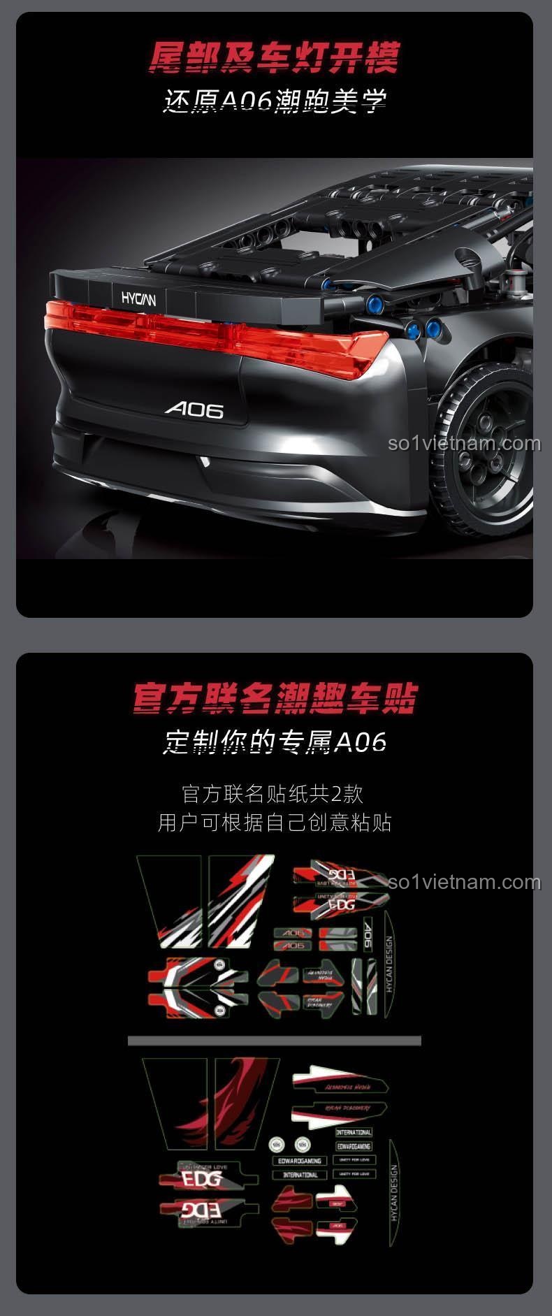 Chi tiết đuôi xe và bộ decal của bộ lắp ráp TOP TOY DZ022, cho phép tùy biến theo sở thích.