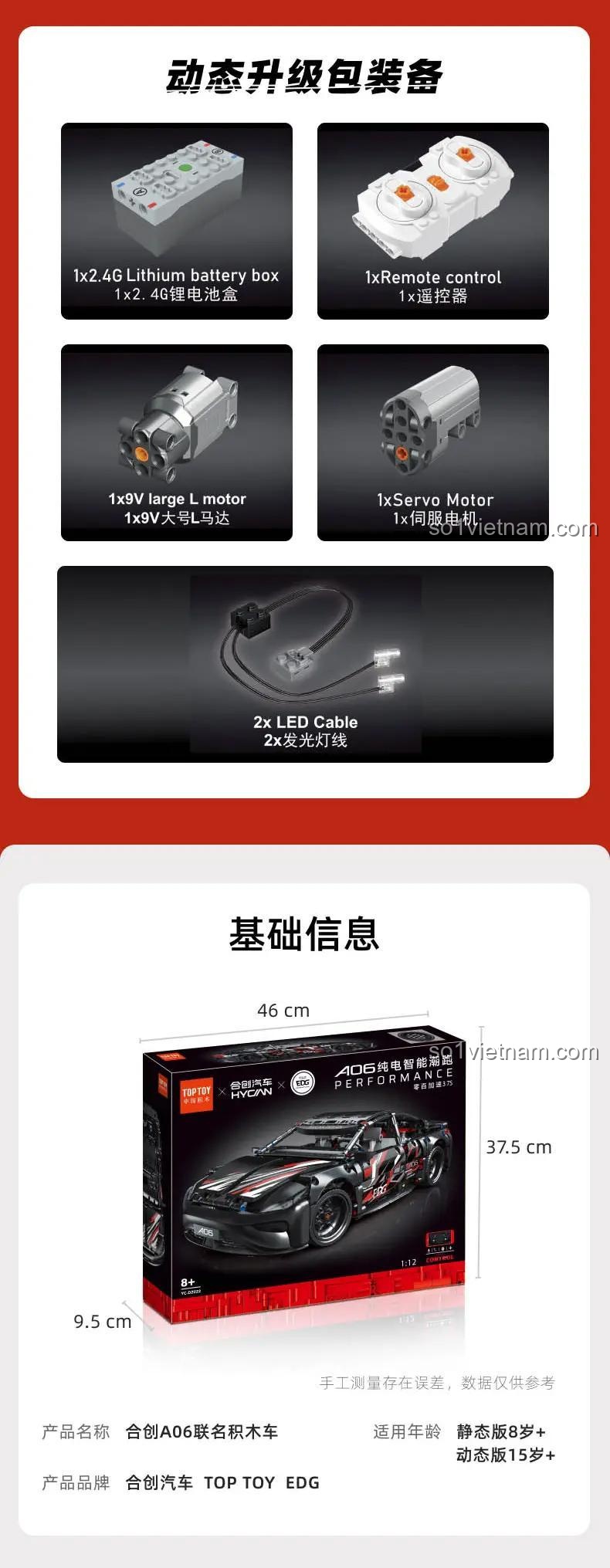 Các phụ kiện trong gói nâng cấp động lực của TOP TOY YC-DZ022 và kích thước hộp sản phẩm.