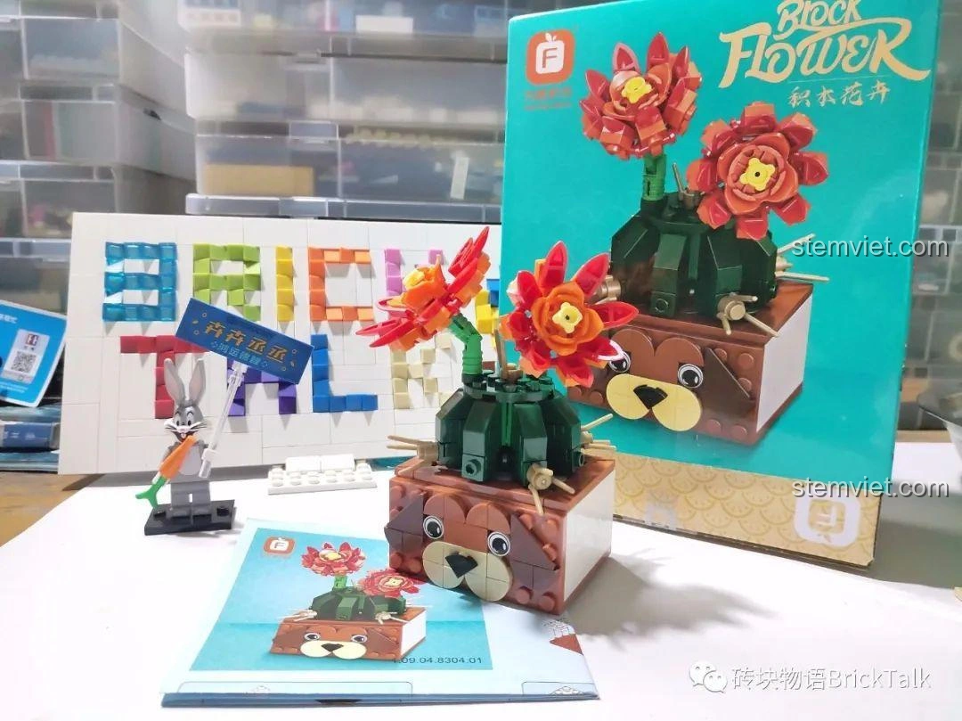 Mô hình Forange 8304 Mô hình Hoa Xương Rồng Nở Hoa hoàn chỉnh, đặt cạnh hộp và sách hướng dẫn, tổng thể hài hòa.