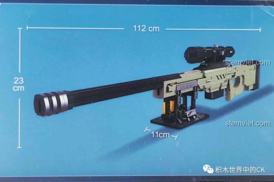 Chi tiết kích thước mô hình súng bắn tỉa AWP JIESTAR 58022 trên hộp, dài 112cm, cao 23cm, rộng 11cm.