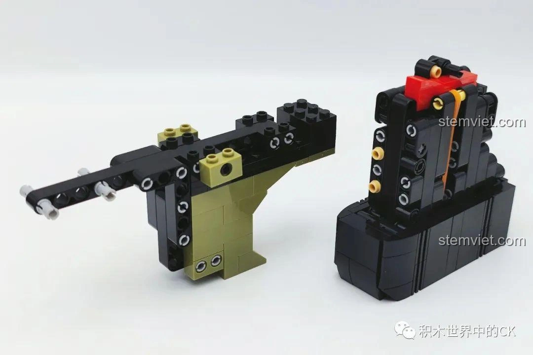 Quá trình lắp ráp phần thân súng của bộ đồ chơi Mô hình súng AWP cho con trai từ 6 tuổi, với các khối đen và xanh rêu.