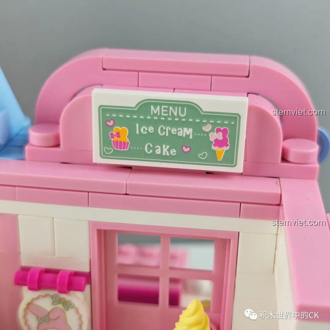 Khu vực trưng bày bánh và đồ uống bên trong mô hình Summer Coconut Ice Room Keeppley K20809 Cinnamoroll.