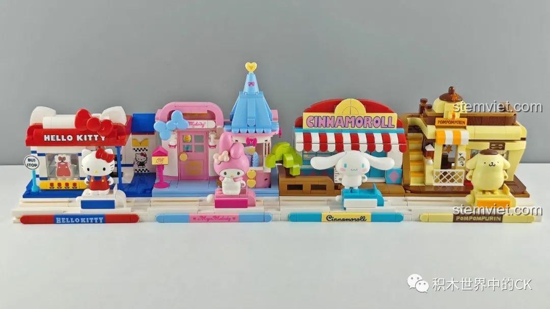 Chi tiết kết nối giữa hai mô hình cửa hàng mini Keeppley Sanrio, cho thấy khả năng ghép nối.