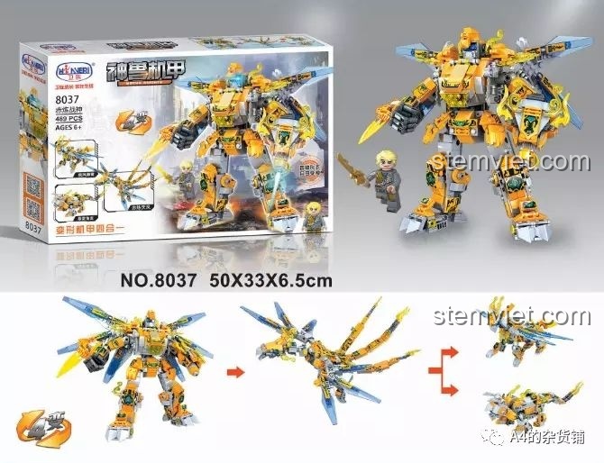 Hình ảnh hộp đồ chơi Winner 8037 Thần Thú Cơ Giáp cùng minh họa 4 chế độ biến hình độc đáo của robot. Trải nghiệm Winner 8037 Robot biến hình.