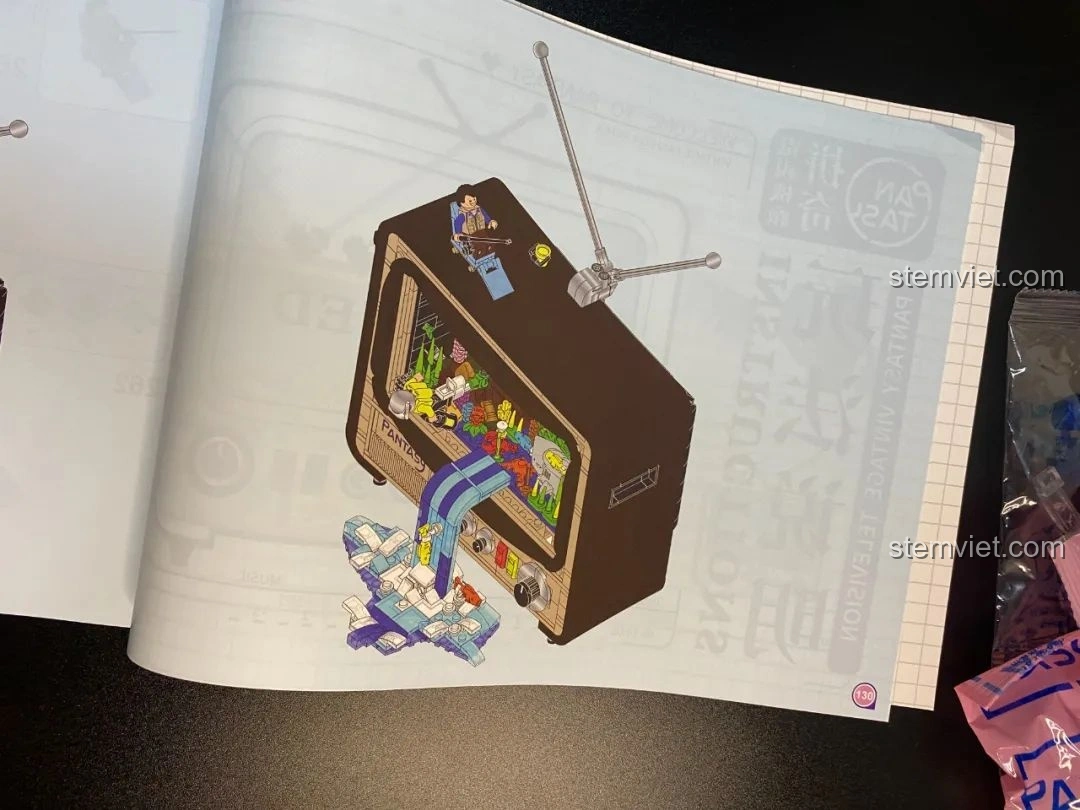 Trang cuối sách hướng dẫn lắp ráp Pantasy 61008 Tivi Cổ Điển, minh họa các tính năng chơi.