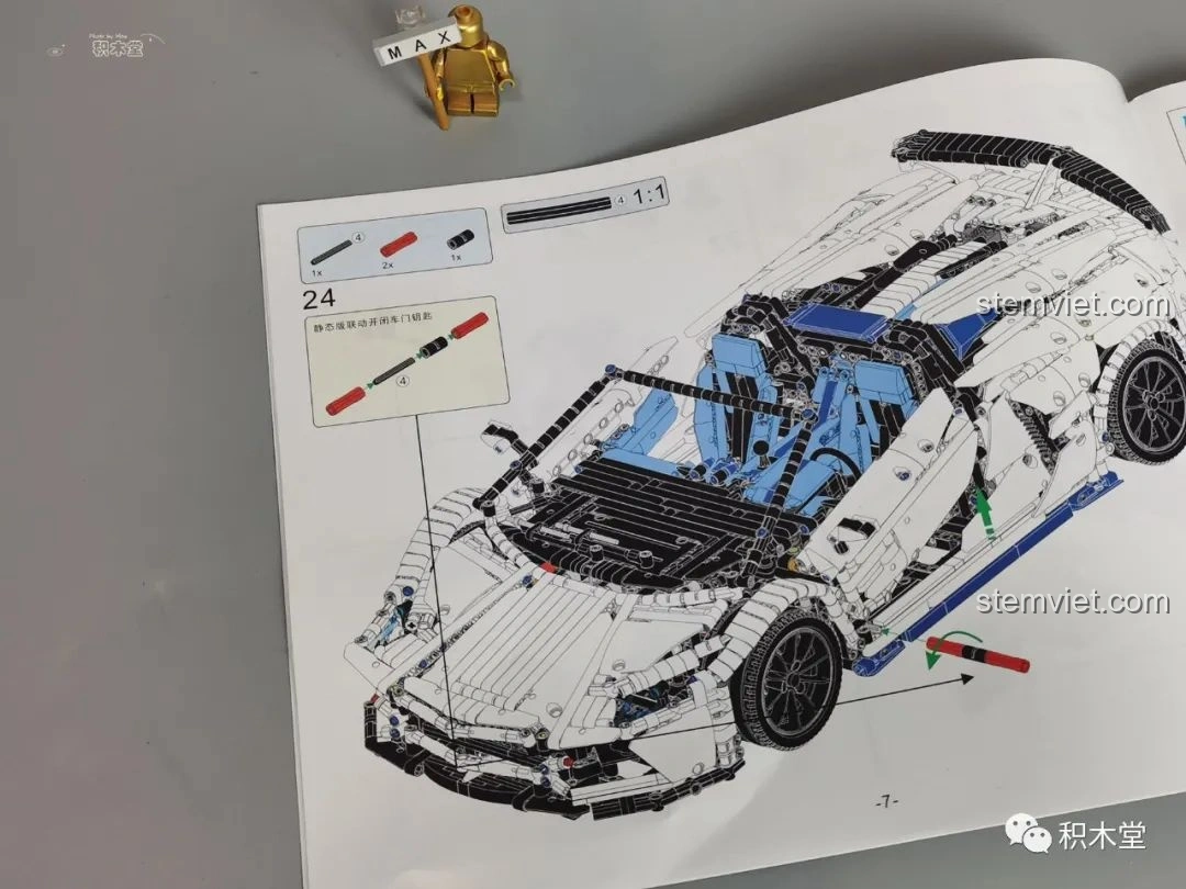 Trang hướng dẫn lắp ráp bộ Feifan F10002 Lamborghini Aventador SVJ Roadster, minh họa cơ chế cửa.