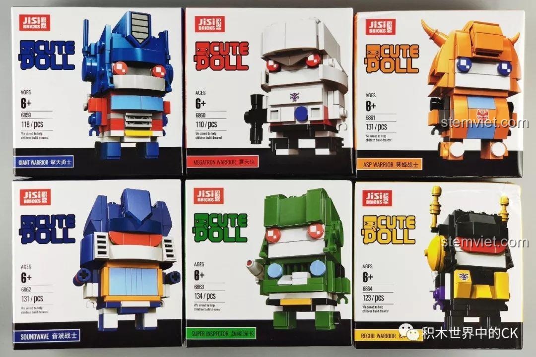 Toàn cảnh 12 hộp sản phẩm của series JiSi Cute Doll Transformers, bao gồm các nhân vật nổi tiếng như Optimus Prime, Megatron.