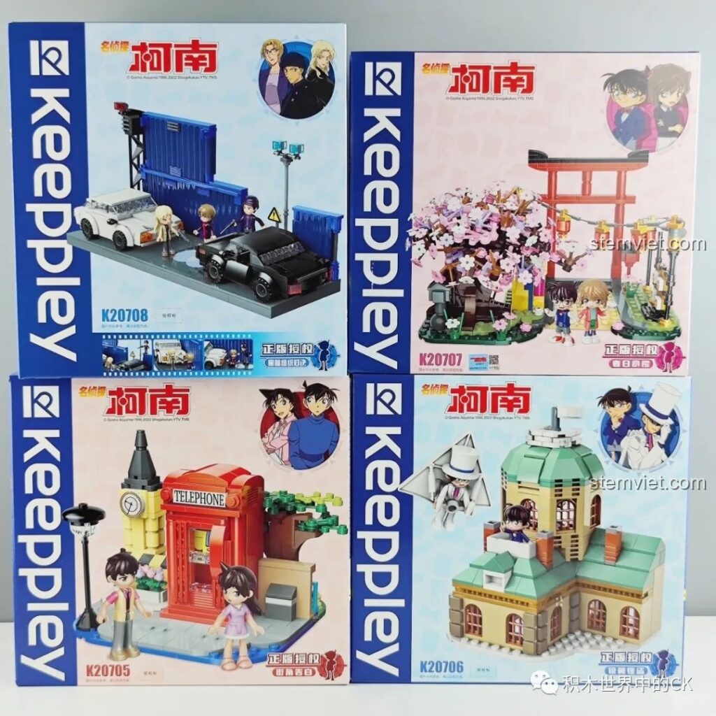 Review chi tiết 4 hộp đồ chơi lắp ráp Keeppley Conan K20705, K20706, K20707, K20708 với thiết kế bắt mắt.