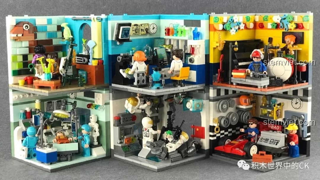 Toàn bộ 6 mô hình diorama nghề nghiệp của bộ XINGBAO XB-01402 được xếp cạnh nhau, tạo thành một bộ sưu tập hoàn chỉnh.