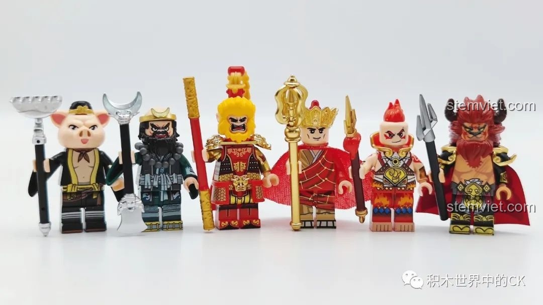 Trọn bộ 6 minifigure Decool Kích Đấu Tây Du được xếp hàng ngang, thể hiện sự đa dạng và chi tiết.