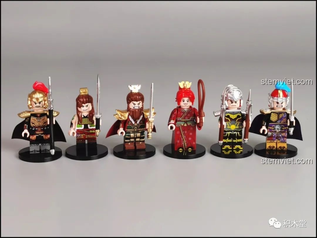 Sáu minifigure tướng lĩnh Ngô Quốc từ bộ DECOOL 2030C đứng cạnh nhau, tạo thành một bộ sưu tập hoàn chỉnh.