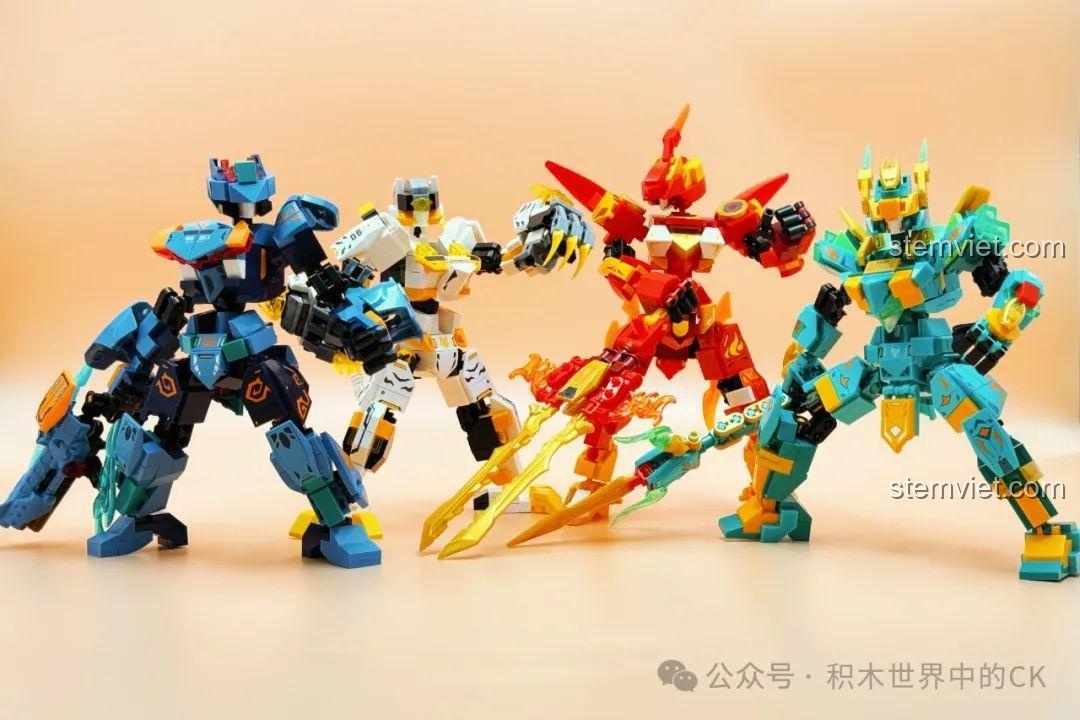 Trọn bộ 4 mô hình Robot Tứ Thánh Thú SEMBO (Thanh Long, Bạch Hổ, Huyền Vũ, Chu Tước) đứng cạnh nhau.