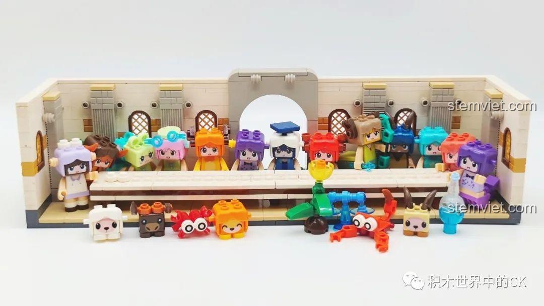 Bộ sưu tập 12 minifigure cung hoàng đạo Pixel Planet KT8001 được trưng bày đẹp mắt trên kệ.