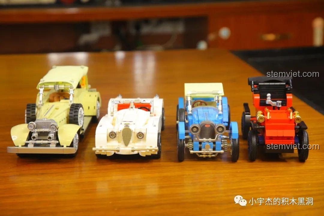 Dàn xe cổ lắp ráp được trưng bày cùng nhau, thể hiện giá trị sưu tầm của bộ xếp hình Xe hơi cổ điển Pháp Bugatti T38A.