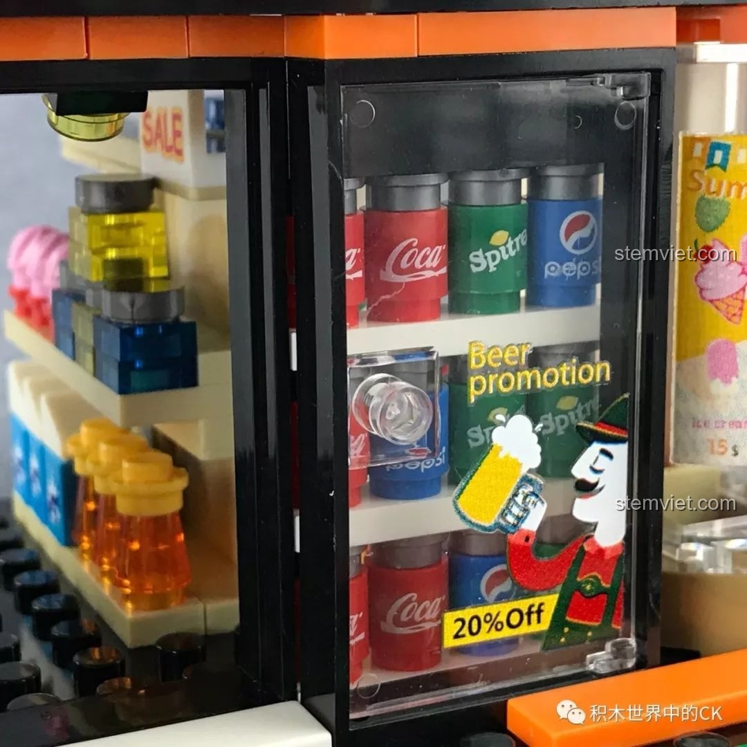 Chi tiết tủ lạnh nước giải khát với các lon nước in hình trong bộ xếp hình Cửa hàng tiện lợi 7-Eleven cho bé gái từ 6 tuổi.