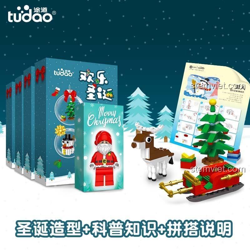Hộp sản phẩm bộ lắp ghép Tudao TD-PS-003-SDLE với mô hình người tuyết, cây thông Noel, xe trượt tuyết và tuần lộc, đồ chơi mô hình Giáng Sinh cho bé trai và bé gái.