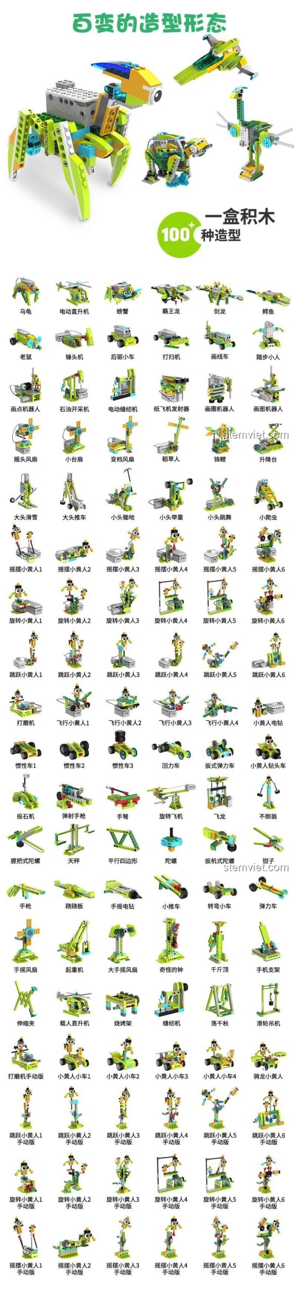 Mô hình robot màu xanh lá và vàng từ bộ lắp ráp Tudao TD-Robot-KJ, đồ chơi phát triển trí tuệ cho bé trai.