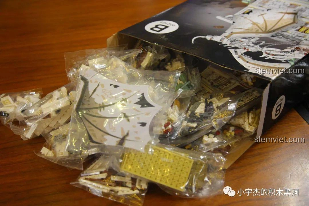 Các túi mảnh ghép và cánh rồng PVC trong hộp B của bộ lắp ráp MORK 032101 Ngân hàng Gringotts.