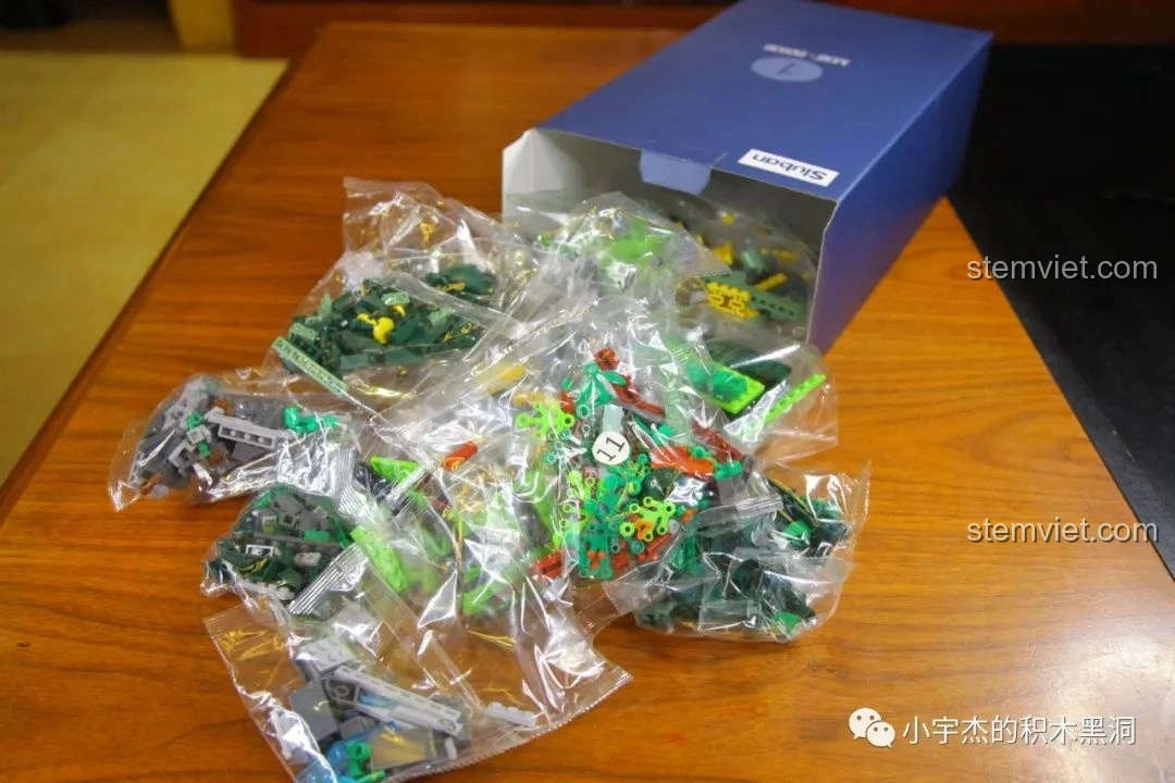 Các túi mảnh ghép được phân loại trong hộp số 1 của bộ lắp ráp Sluban M38-B0936 Thanh Long Các.