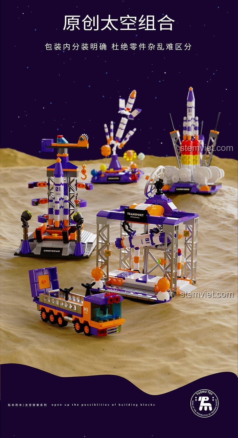 Toàn bộ 4 mẫu lắp được của bộ đồ chơi Tuomu T5001, bộ lắp ghép không gian, mang đến trải nghiệm đa dạng.
