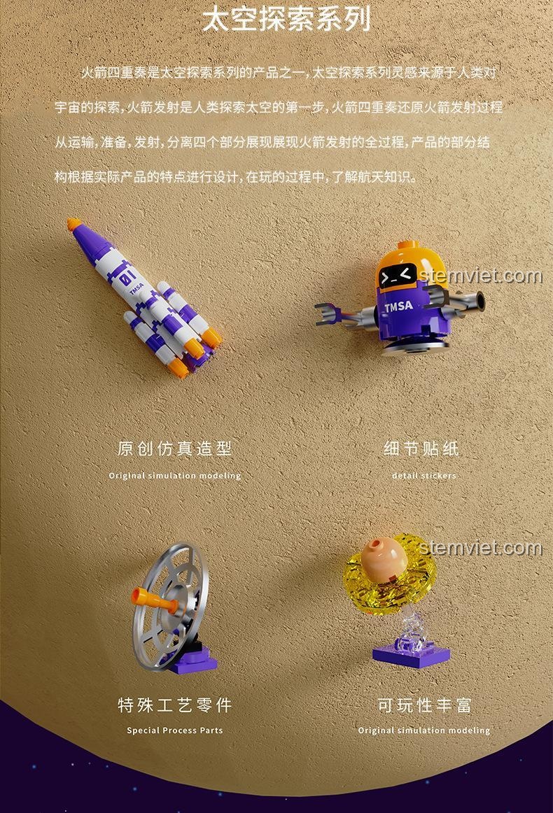 Chi tiết mô hình tên lửa và phi hành gia trong bộ lắp ghép Tuomu T5001, đồ chơi xây dựng không gian, rèn luyện tư duy logic.