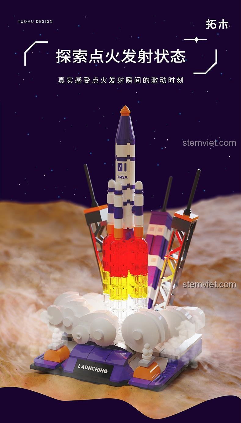 Cảnh tên lửa phóng trong bộ đồ chơi Tuomu T5001, đồ chơi mô hình không gian, kích thích sáng tạo.