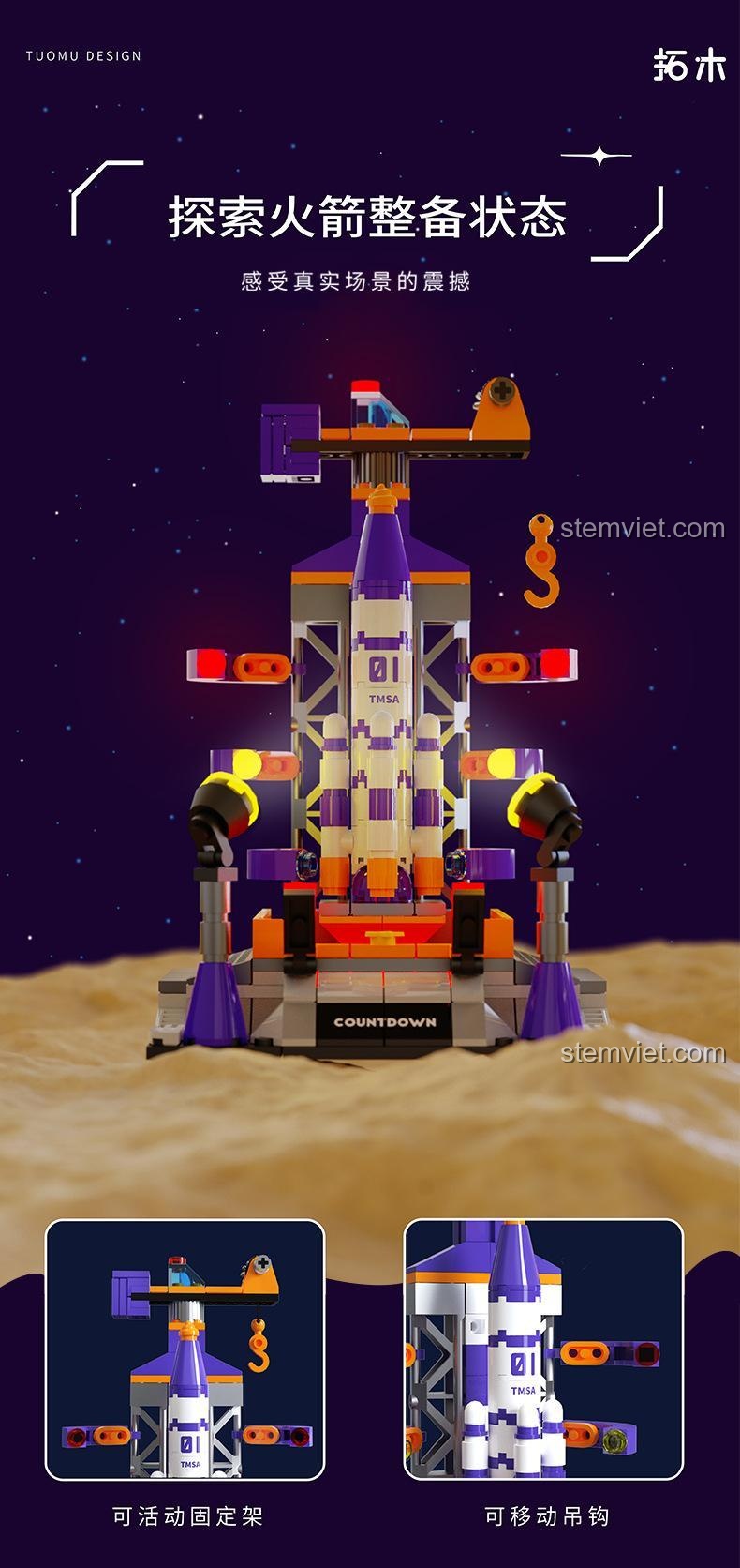 Mô hình tên lửa trên trạm phóng của bộ lắp ghép Tuomu T5001, đồ chơi xây dựng không gian, có thể di chuyển.