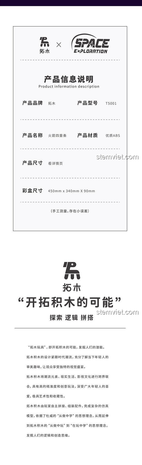 Thông tin sản phẩm bộ đồ chơi Tuomu T5001, bộ lắp ghép không gian, chất liệu ABS cao cấp.