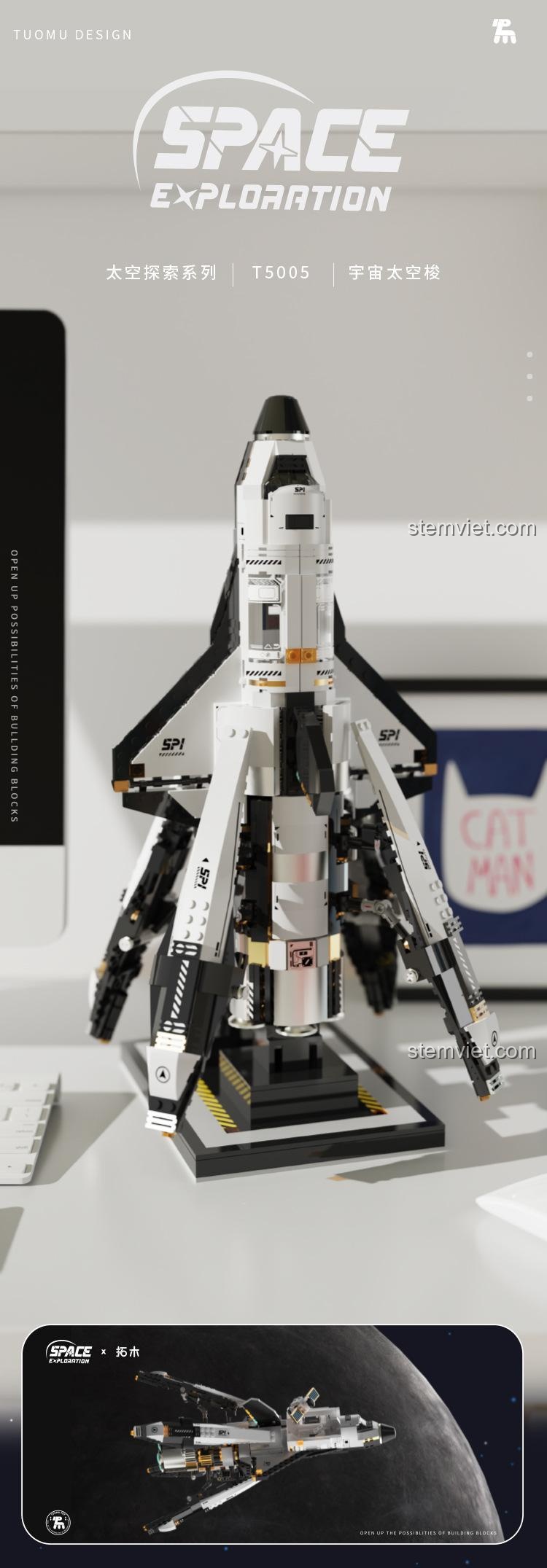 Mô hình tàu vũ trụ Tuomu T5005 trên đế trưng bày, bộ lắp ghép tàu con thoi khám phá không gian, chi tiết cao