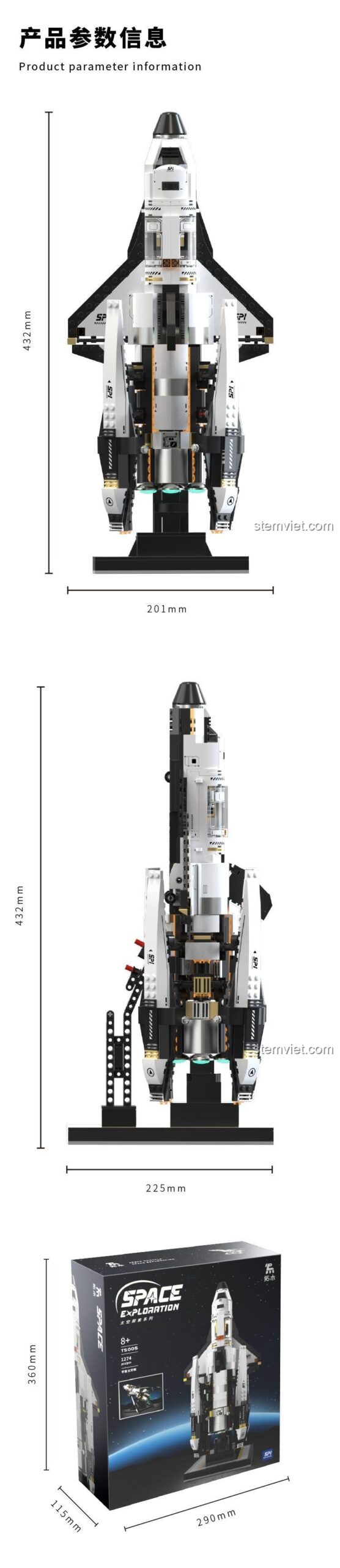 Thông số kích thước mô hình Tuomu T5005 Tàu con thoi vũ trụ, giúp hình dung rõ hơn về sản phẩm